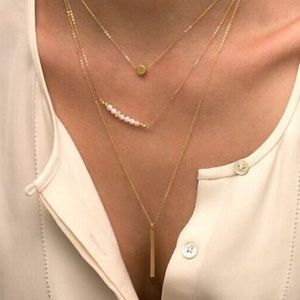 Boho Gold Multilayered Pearl Bar Necklace